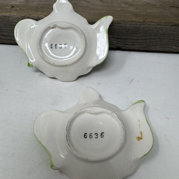 Vintage Ceramic Floral Tea Bag Holders Set Of 2 Hand Painted Green & Blue Flower - Picture 4 of 5